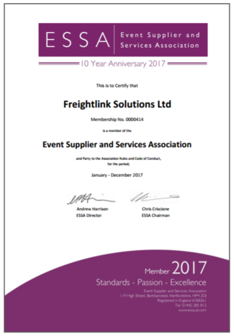 Freightlink ESSA membership certificate 2017